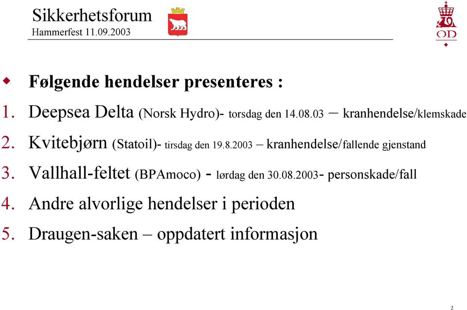 2003 kranhendelse/fallende gjenstand 3. Vallhall-feltet (BPAmoco) - lørdag den 30.08.