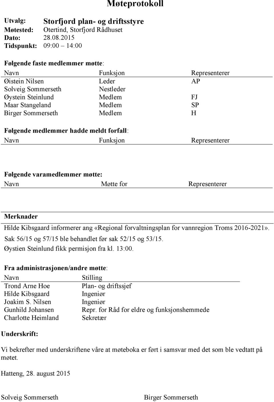 Steinlund Medlem FJ Maar Stangeland Medlem SP Birger Sommerseth Medlem H Følgende medlemmer hadde meldt forfall: Navn Funksjon Representerer Følgende varamedlemmer møtte: Navn Møtte for Representerer