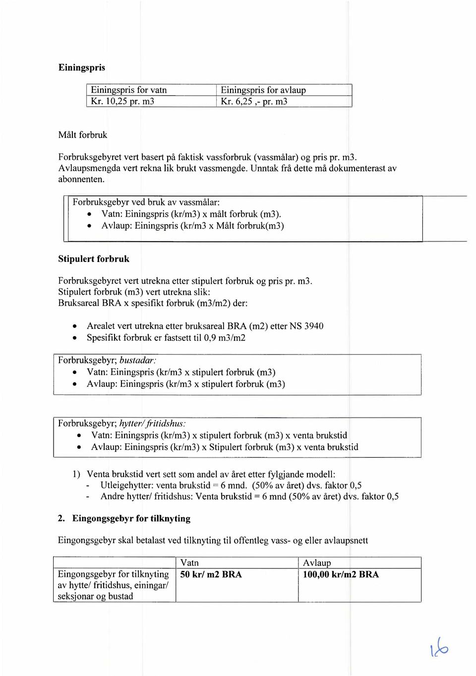 Avlaup: Einingspris (kr/m3 x Malt forbruk(m3) Stipulert forbruk Forbruksgebyret vert utrekna etter stipulert forbruk og pris pr. m3.