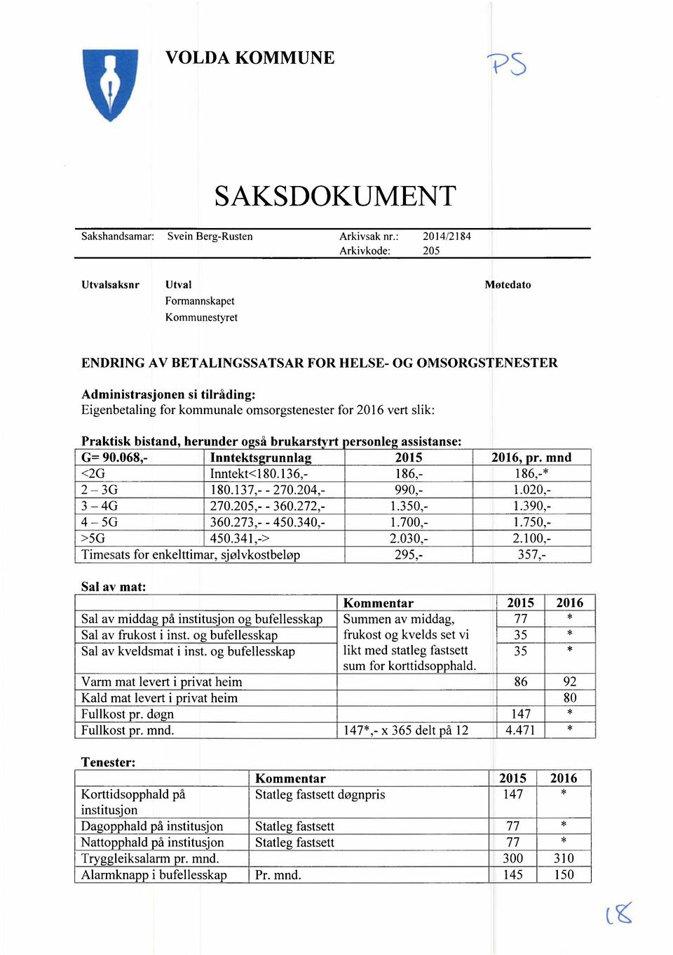 omsorgstenester for 2016 vert slik: Praktisk bistand, herunder o så brukarstyrt personleg assistanse: G= 90.068,- Inntektsgrunnlag 2015 2016, pr. mnd <2G Inntekt<180.136,- 186,- 186,-* 2 3G 180.