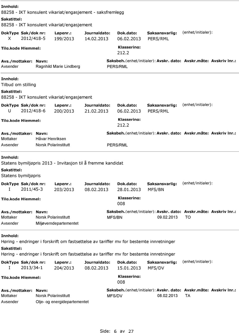 måte: Avskriv lnr.: Mottaker Håvar Henriksen Statens bymiljøpris 2013 - nvitasjon til å fremme kandidat Statens bymiljøpris 2011/45-3 203/2013 08.02.2013 28.01.2013 MFS/BN 008 Avs.