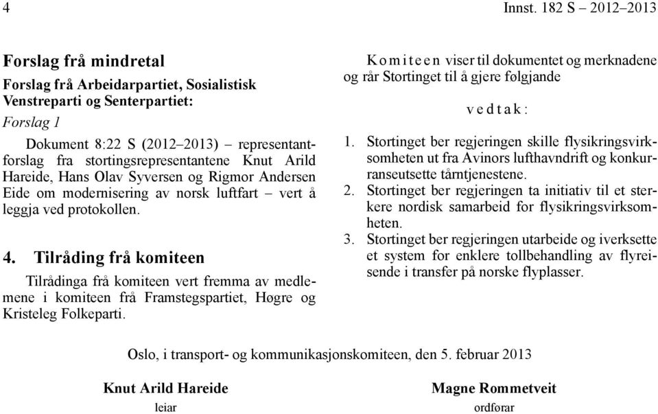 Knut Arild Hareide, Hans Olav Syversen og Rigmor Andersen Eide om modernisering av norsk luftfart vert å leggja ved protokollen. 4.