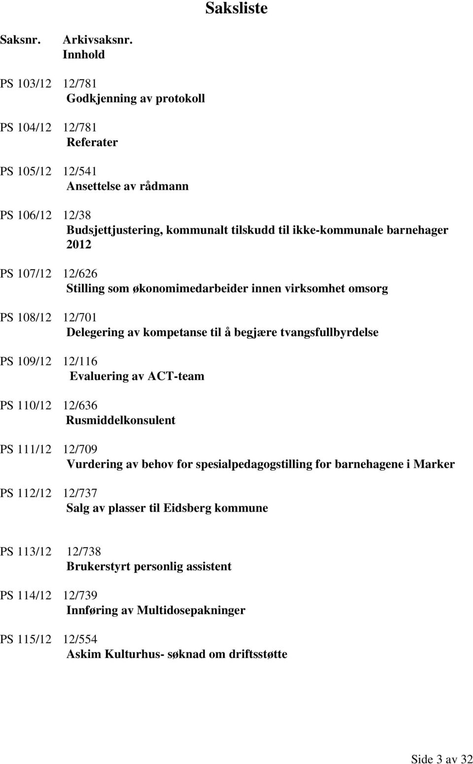 barnehager 2012 PS 107/12 12/626 Stilling som økonomimedarbeider innen virksomhet omsorg PS 108/12 12/701 Delegering av kompetanse til å begjære tvangsfullbyrdelse PS 109/12 12/116 Evaluering