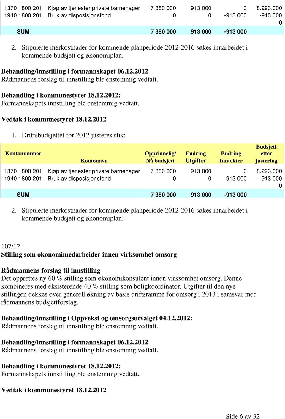 Vedtak i kommunestyret 18.12.2012 1.