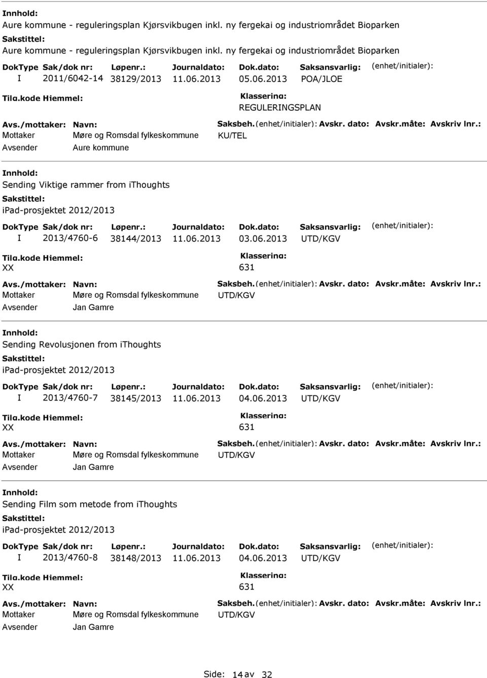 : Mottaker Møre og Romsdal fylkeskommune K/TEL Aure kommune Sending Viktige rammer from ithoughts ipad-prosjektet 2012/2013 2013/4760-6 38144/2013 03.06.2013 TD/KGV 631 Avs./mottaker: Navn: Saksbeh.