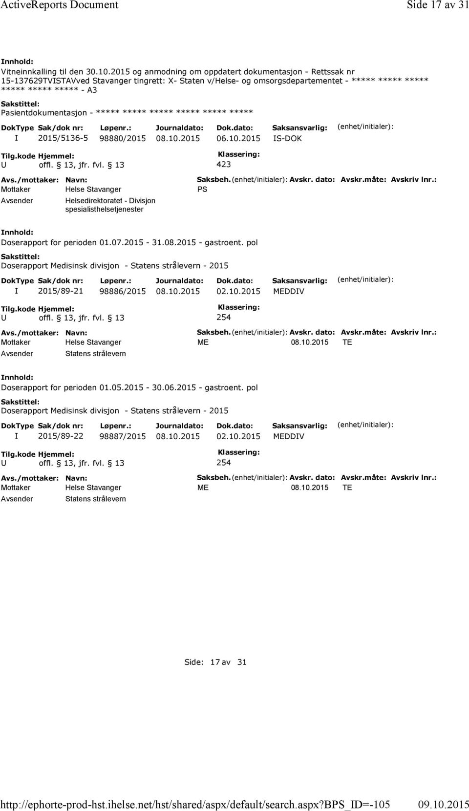 2015 og anmodning om oppdatert dokumentasjon - Rettssak nr 15-137629TVSTAVved Stavanger tingrett: X- Staten v/helse- og omsorgsdepartementet - ***** ***** ***** ***** ***** ***** - A3 ***** *****