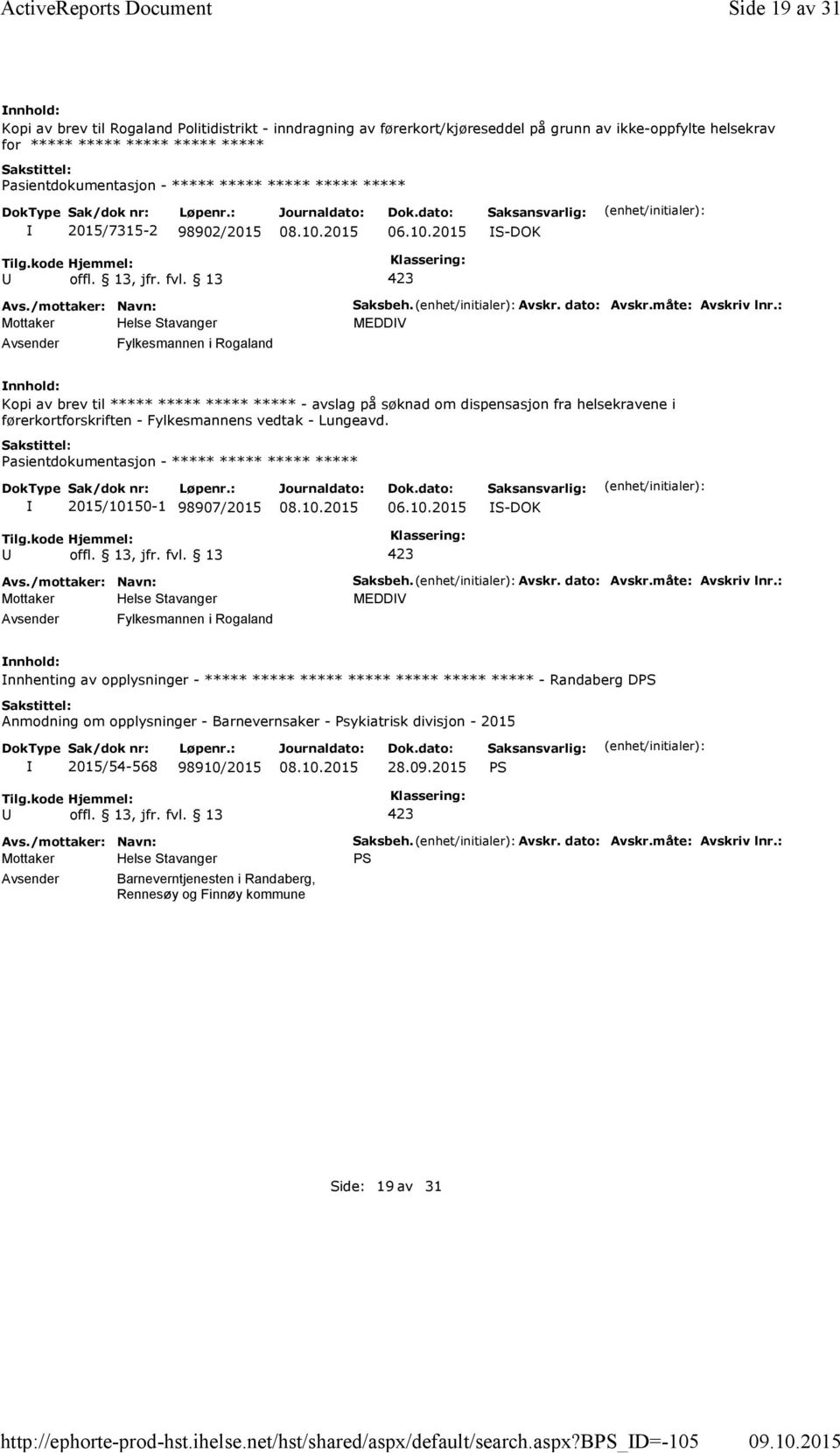 b_d=-105 Side 19 av 31 Kopi av brev til Rogaland Politidistrikt - inndragning av førerkort/kjøreseddel på grunn av ikke-oppfylte helsekrav for ***** ***** ***** ***** ***** ***** 2015/7315-2