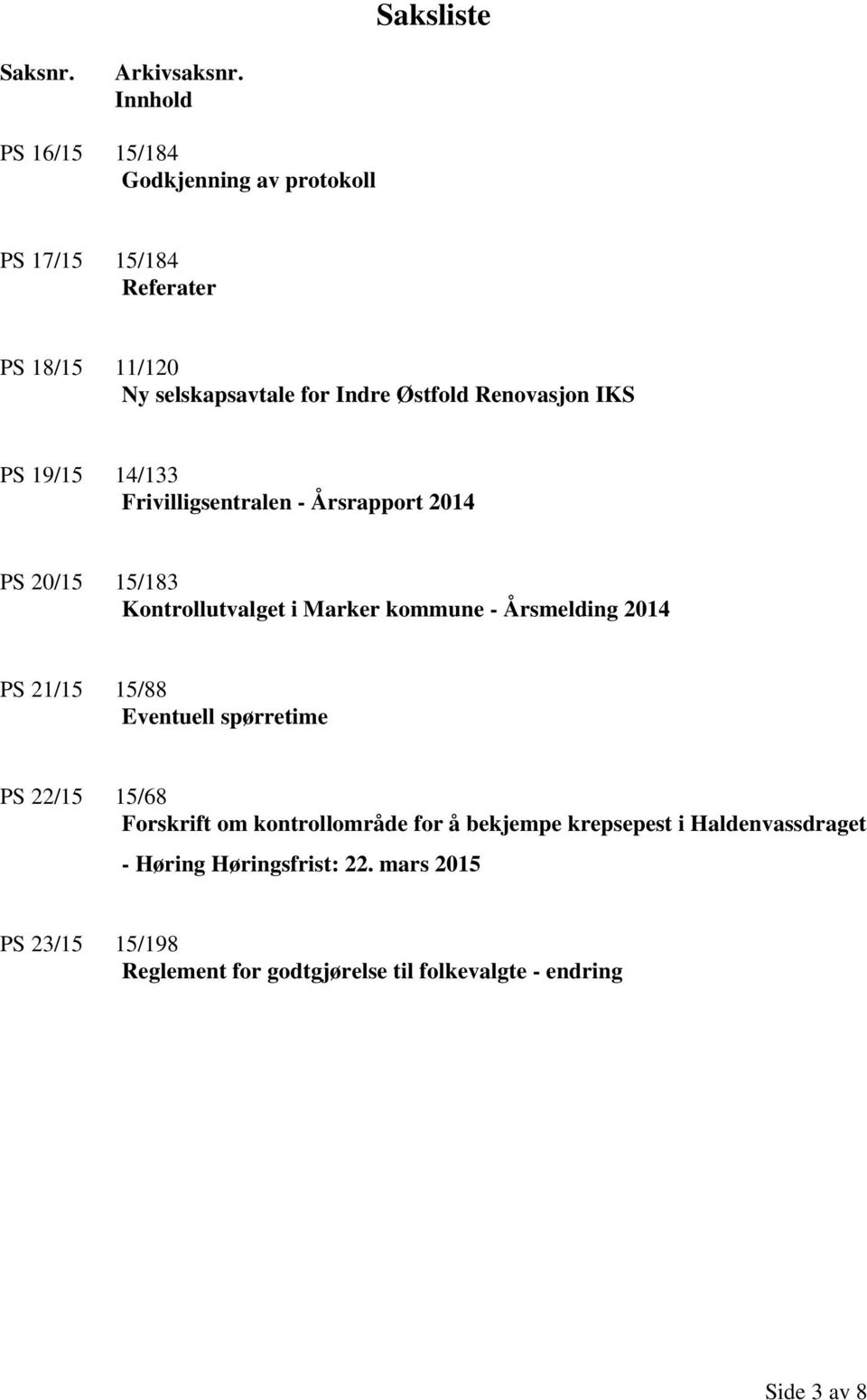 Renovasjon IKS PS 19/15 14/133 Frivilligsentralen - Årsrapport 2014 PS 20/15 15/183 Kontrollutvalget i Marker kommune - Årsmelding