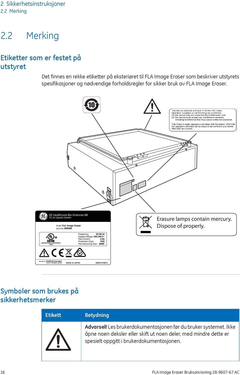 spesifikasjoner og nødvendige forholdsregler for sikker bruk av FLA Image Eraser. Erasure lamps contain mercury. Dispose of properly.