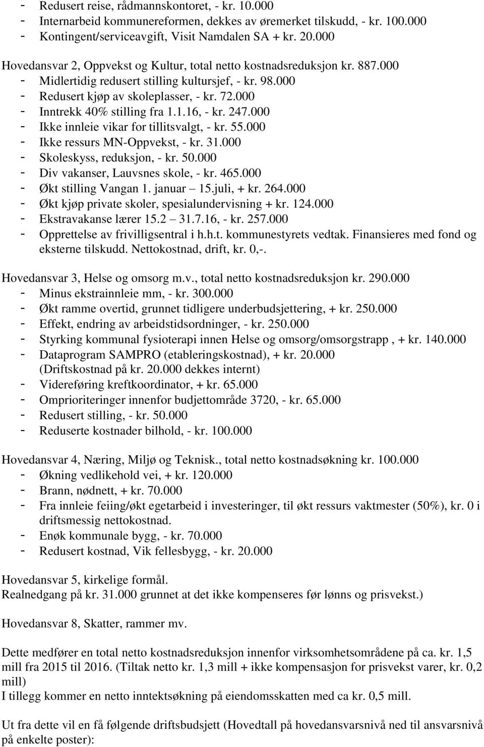 000 - Inntrekk 40% stilling fra 1.1.16, - kr. 247.000 - Ikke innleie vikar for tillitsvalgt, - kr. 55.000 - Ikke ressurs MN-Oppvekst, - kr. 31.000 - Skoleskyss, reduksjon, - kr. 50.