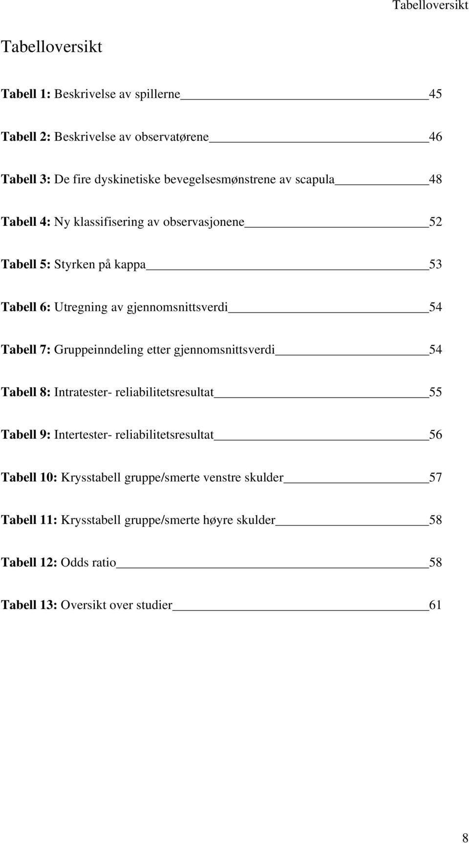 54 Tabell 7: Gruppeinndeling etter gjennomsnittsverdi 54 Tabell 8: Intratester- reliabilitetsresultat 55 Tabell 9: Intertester- reliabilitetsresultat 56