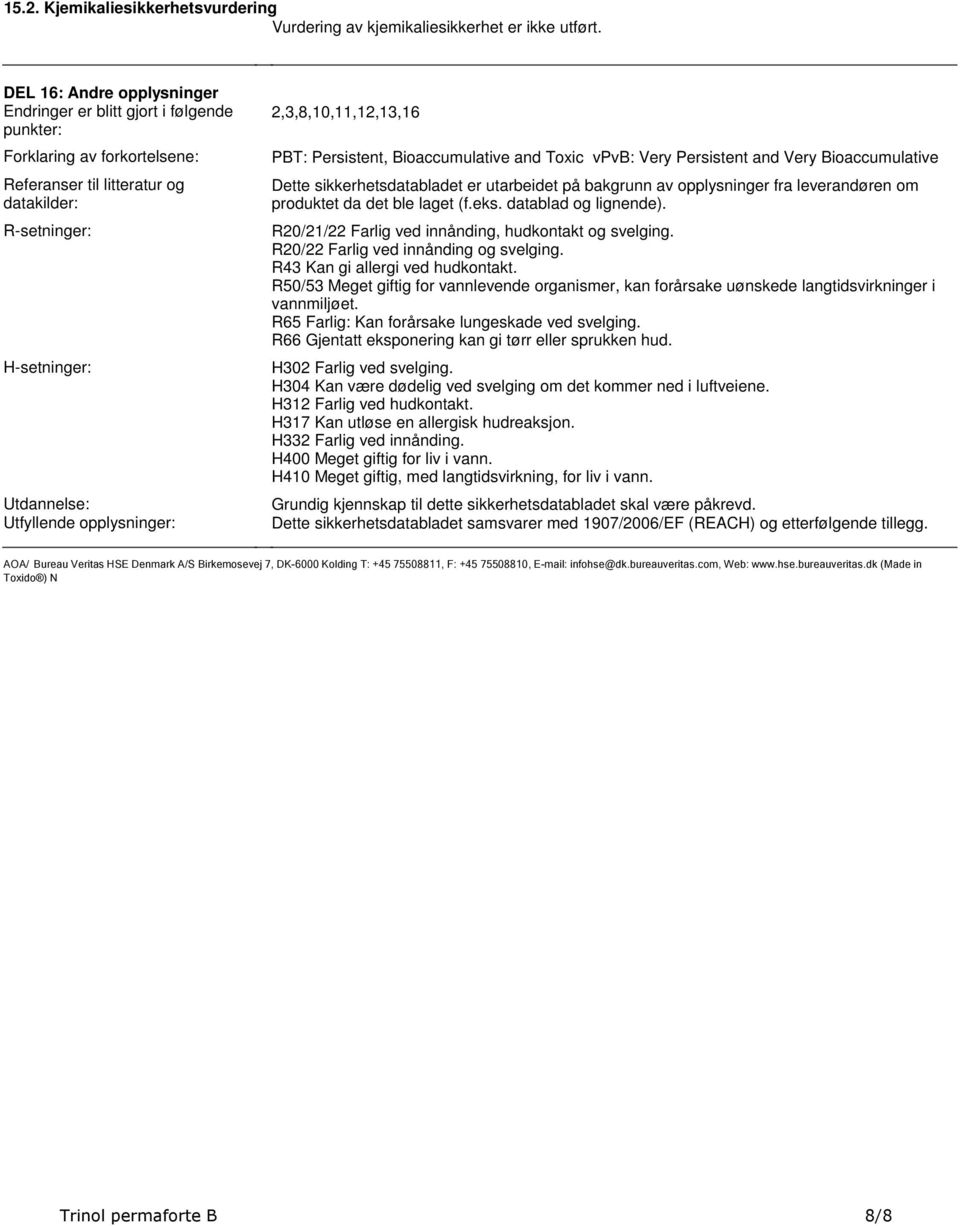 Dette sikkerhetsdatabladet er utarbeidet på bakgrunn av opplysninger fra leverandøren om produktet da det ble laget (feks datablad og lignende) R20/21/22 Farlig ved innånding, hudkontakt og svelging