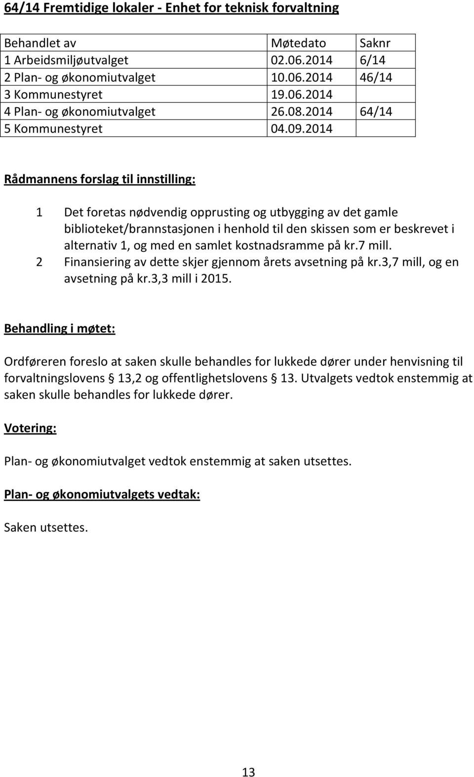 2014 Rådmannens forslag til innstilling: 1 Det foretas nødvendig opprusting og utbygging av det gamle biblioteket/brannstasjonen i henhold til den skissen som er beskrevet i alternativ 1, og med en