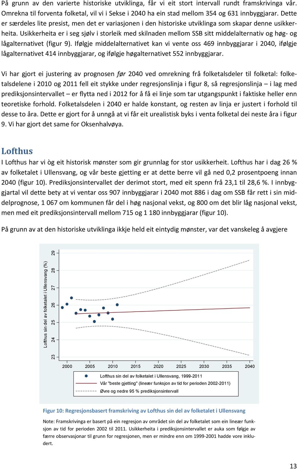 Usikkerheita er i seg sjølv i storleik med skilnaden mellom SSB sitt middelalternativ og høg og lågalternativet (figur 9).