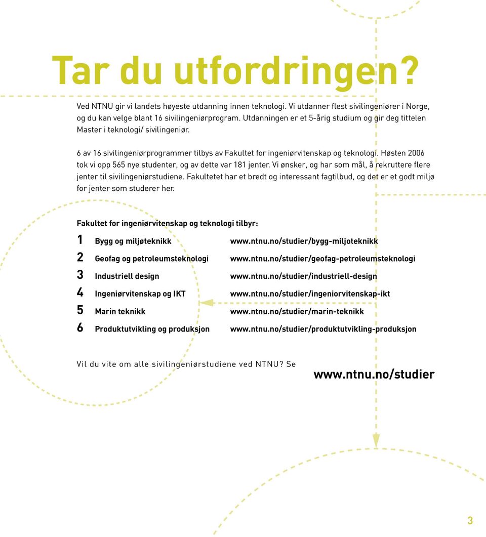 Høsten 2006 tok vi opp 565 nye studenter, og av dette var 181 jenter. Vi ønsker, og har som mål, å rekruttere flere jenter til sivilingeniørstudiene.