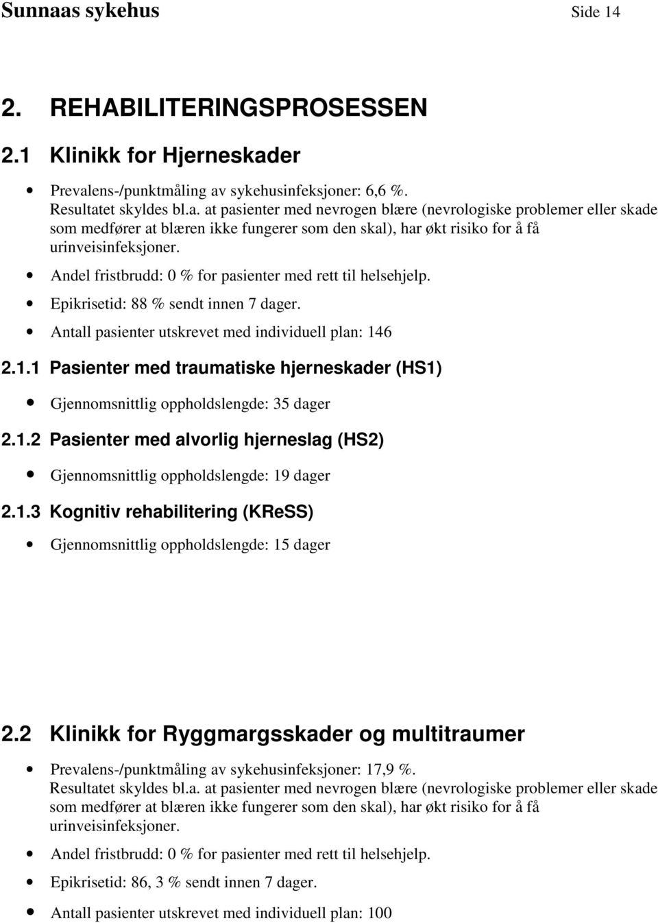 6 2.1.1 Pasienter med traumatiske hjerneskader (HS1) Gjennomsnittlig oppholdslengde: 35 dager 2.1.2 Pasienter med alvorlig hjerneslag (HS2) Gjennomsnittlig oppholdslengde: 19 dager 2.1.3 Kognitiv rehabilitering (KReSS) Gjennomsnittlig oppholdslengde: 15 dager 2.