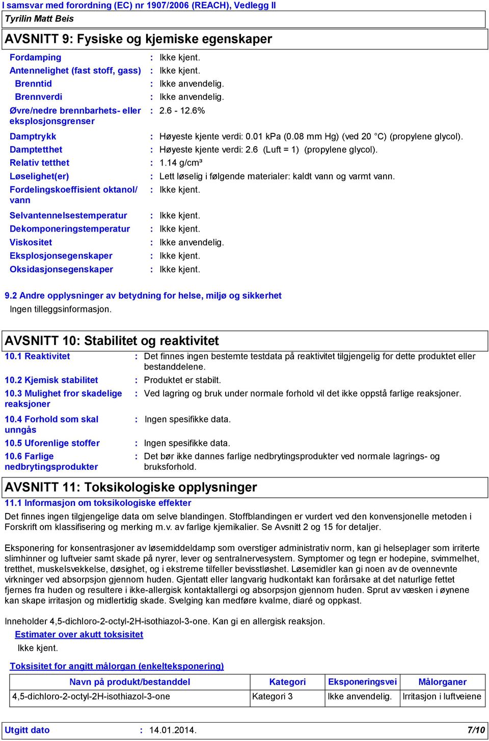 Relativ tetthet Løselighet(er) Fordelingskoeffisient oktanol/ vann Selvantennelsestemperatur Dekomponeringstemperatur Viskositet Eksplosjonsegenskaper Oksidasjonsegenskaper Ikke anvendelig.