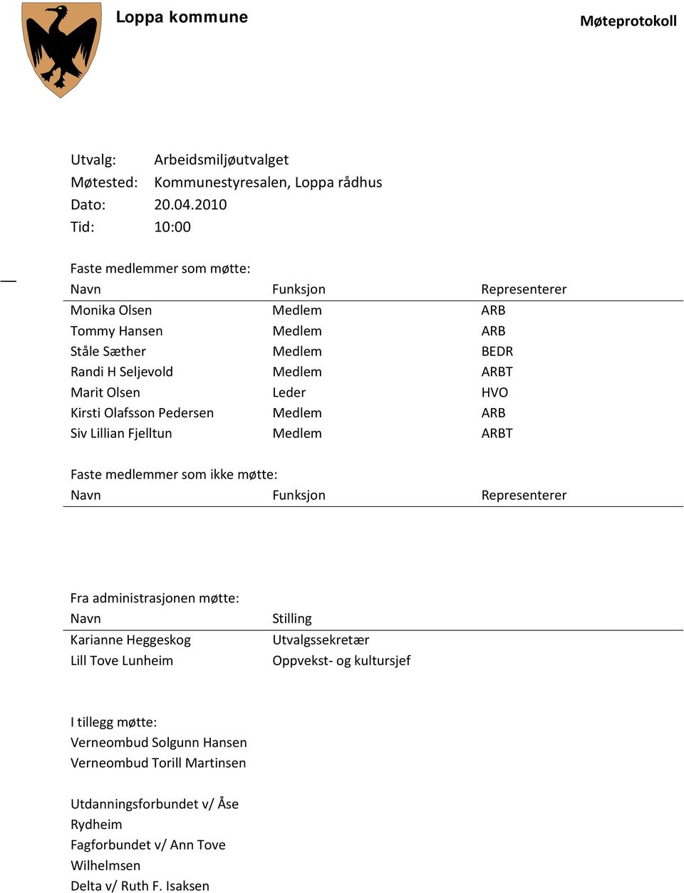 Olsen Leder HVO Kirsti Olafsson Pedersen Medlem ARB Siv Lillian Fjelltun Medlem ARBT Faste medlemmer som ikke møtte: Navn Funksjon Representerer Fra administrasjonen møtte: Navn