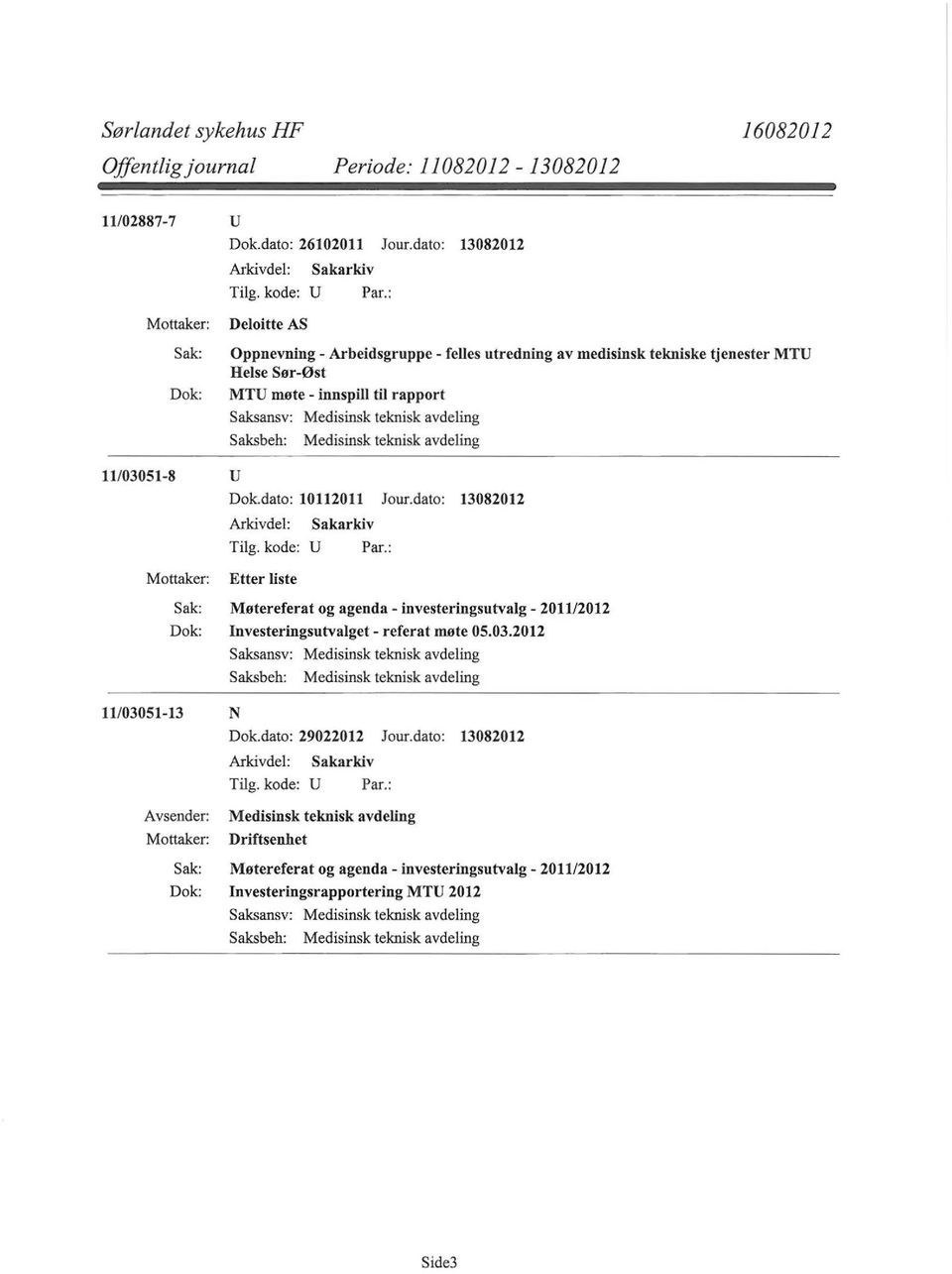 Saksbeh: Medisinsk teknisk avdeling 11/03051-8 u Dok.dato: 10112011 Jour.dato: 13082012 Etter liste Møtereferat og agenda- investeringsutvalg- 2011/2012 lnvesteringsutvalget- referat møte 05.03.2012 Saksansv: Medisinsk teknisk avdeling Saksbeh: Medisinsk teknisk avdeling 11/03051-13 N Dok.