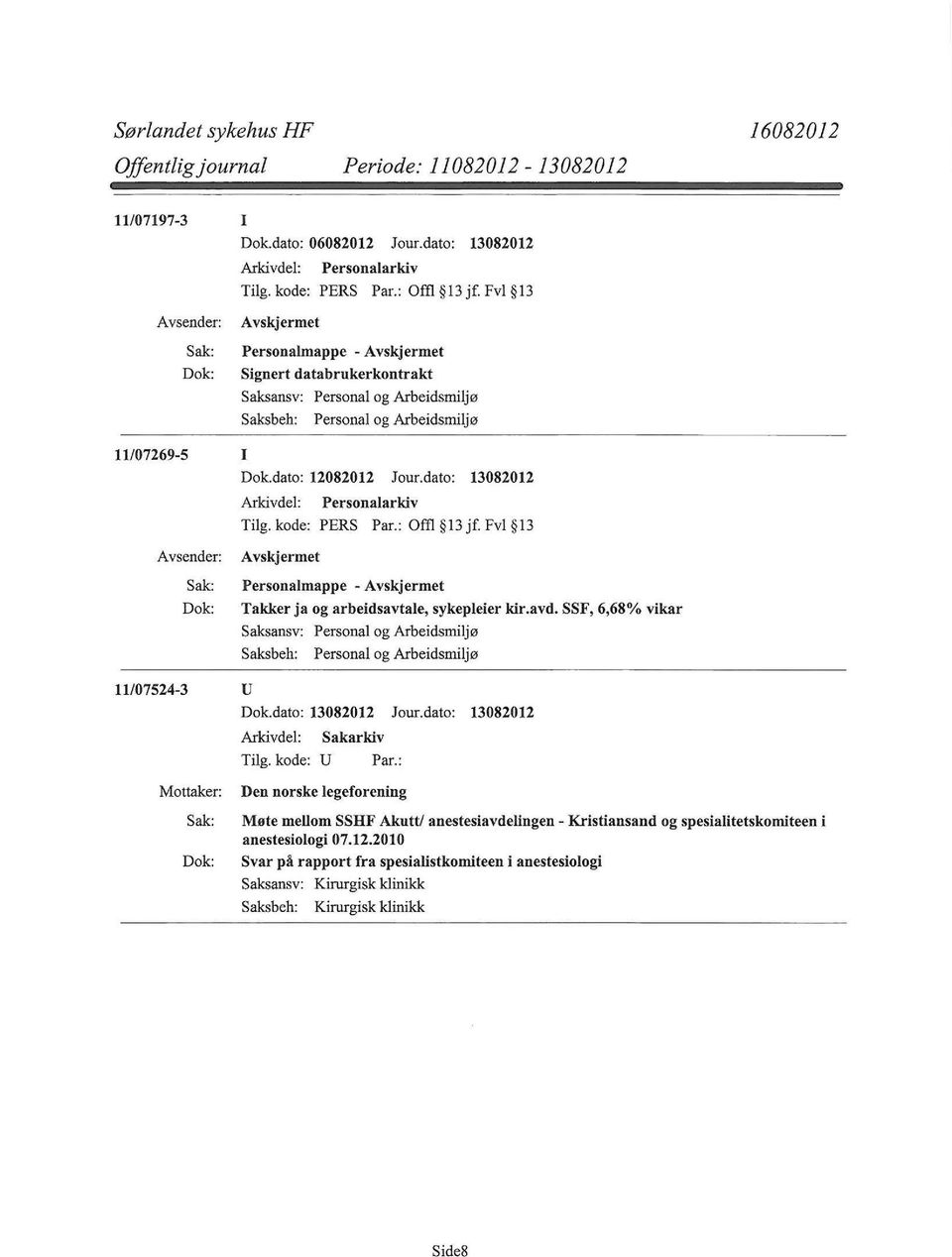 dato: 13082012 Personalmappe - Takker ja og arbeidsavtale, sykepleier kir.avd. SSF, 6,68% vikar 11/07524-3 u Dok.dato: 13082012 Jour.