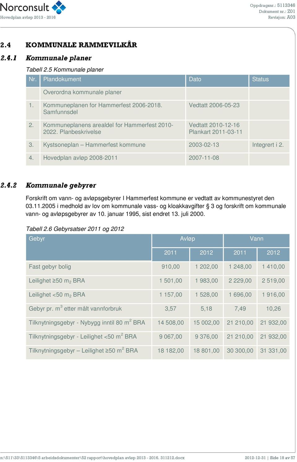 Hovedplan avløp 2008-2011 2007-11-08 2.4.2 Kommunale gebyrer Forskrift om vann- og avløpsgebyrer I Hammerfest kommune er vedtatt av kommunestyret den 03.11.2005 i medhold av lov om kommunale vass- og kloakkavgifter 3 og forskrift om kommunale vann- og avløpsgebyrer av 10.