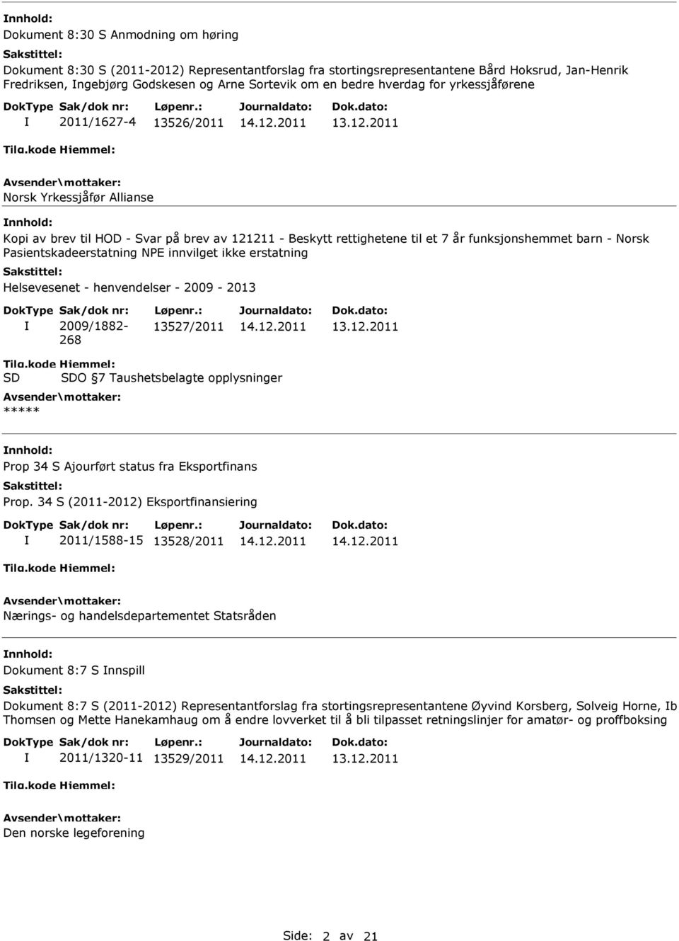 Pasientskadeerstatning NPE innvilget ikke erstatning Helsevesenet - henvendelser - 2009-2013 2009/1882-268 13527/2011 Tilg.