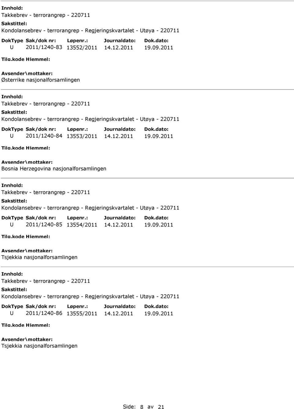nasjonalforsamlingen Kondolansebrev - terrorangrep - Regjeringskvartalet - tøya - 220711 85 13554/2011 Tsjekkia