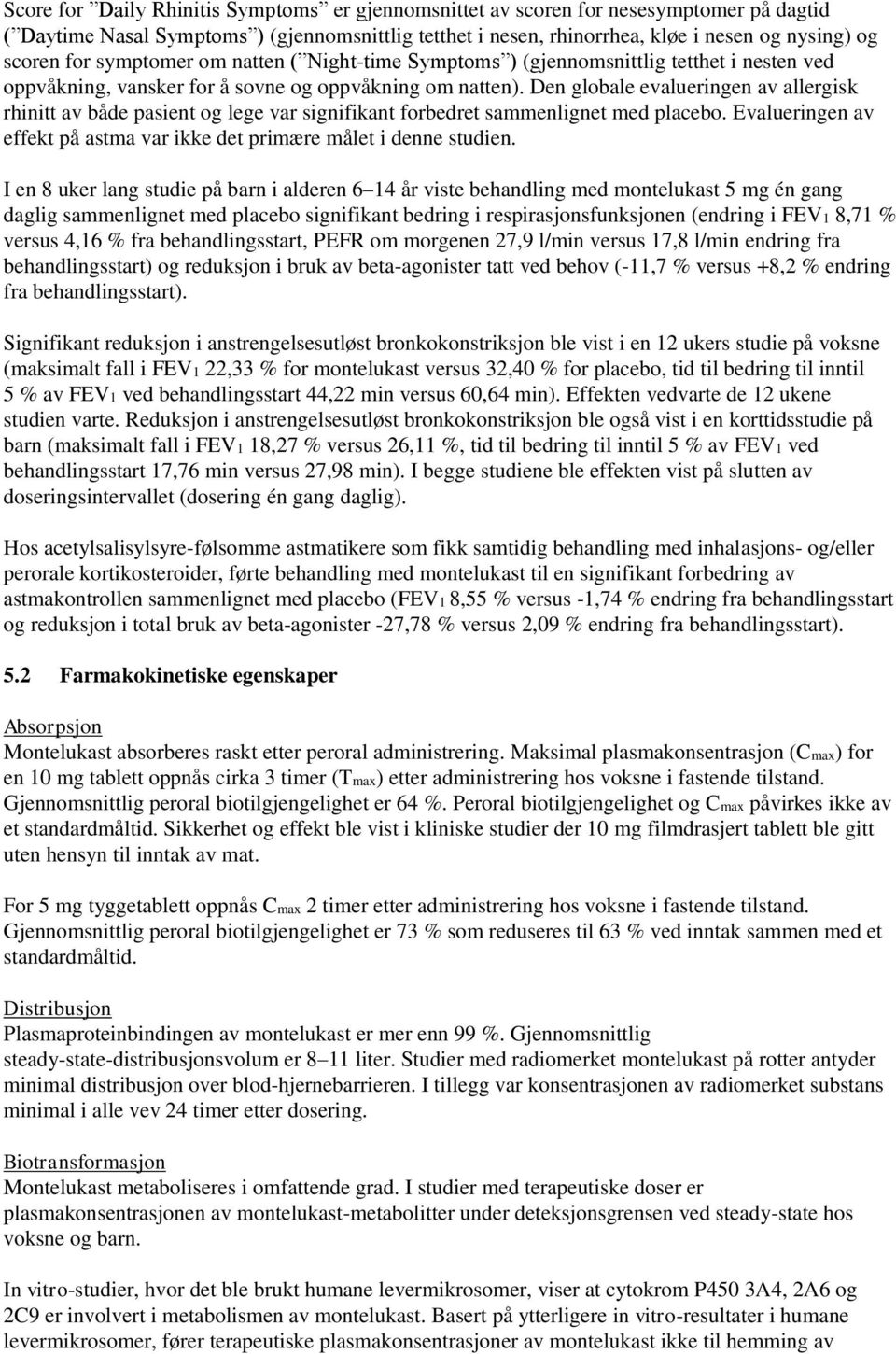 Den globale evalueringen av allergisk rhinitt av både pasient og lege var signifikant forbedret sammenlignet med placebo. Evalueringen av effekt på astma var ikke det primære målet i denne studien.