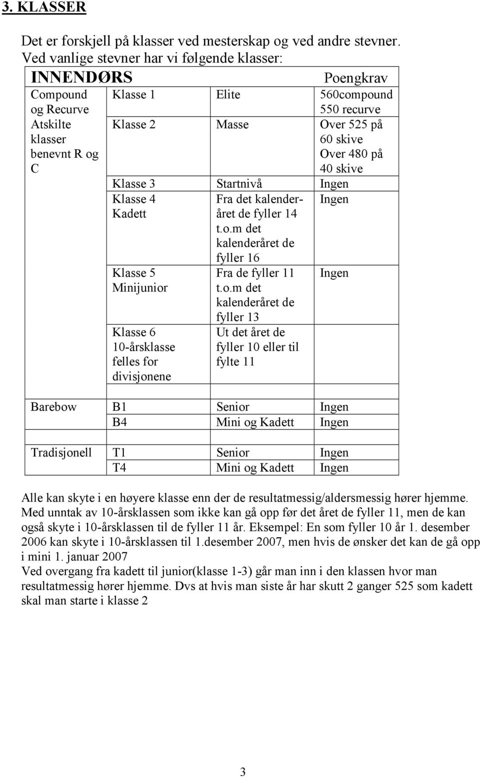 480 på 40 skive Klasse 3 Startnivå Ingen Klasse 4 Kadett Klasse 5 Minijunior Klasse 6 10-årsklasse felles for divisjonene Fra det kalenderåret de fyller 14 t.o.m det kalenderåret de fyller 16 Fra de fyller 11 t.