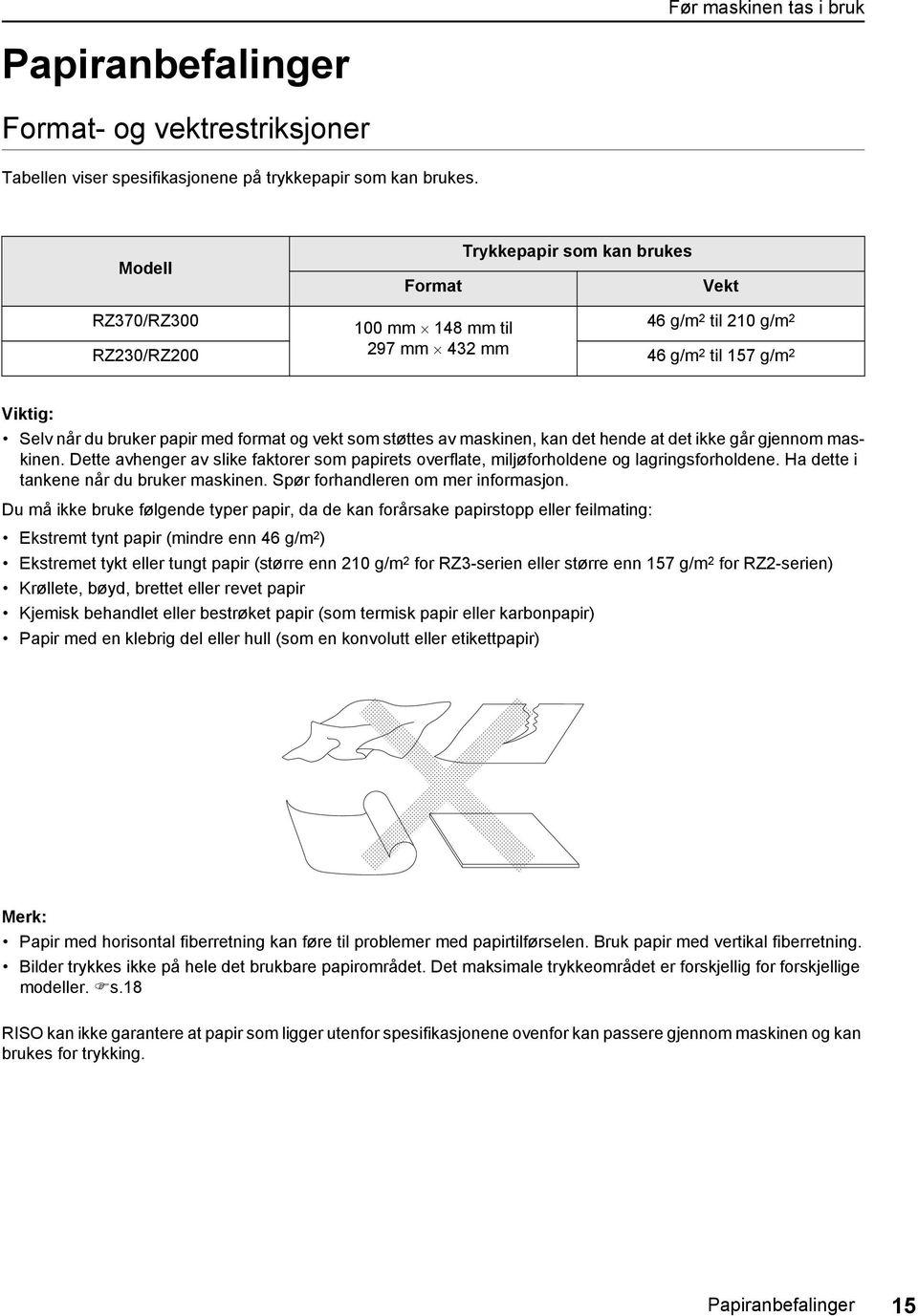 som støttes av maskinen, kan det hende at det ikke går gjennom maskinen. Dette avhenger av slike faktorer som papirets overflate, miljøforholdene og lagringsforholdene.