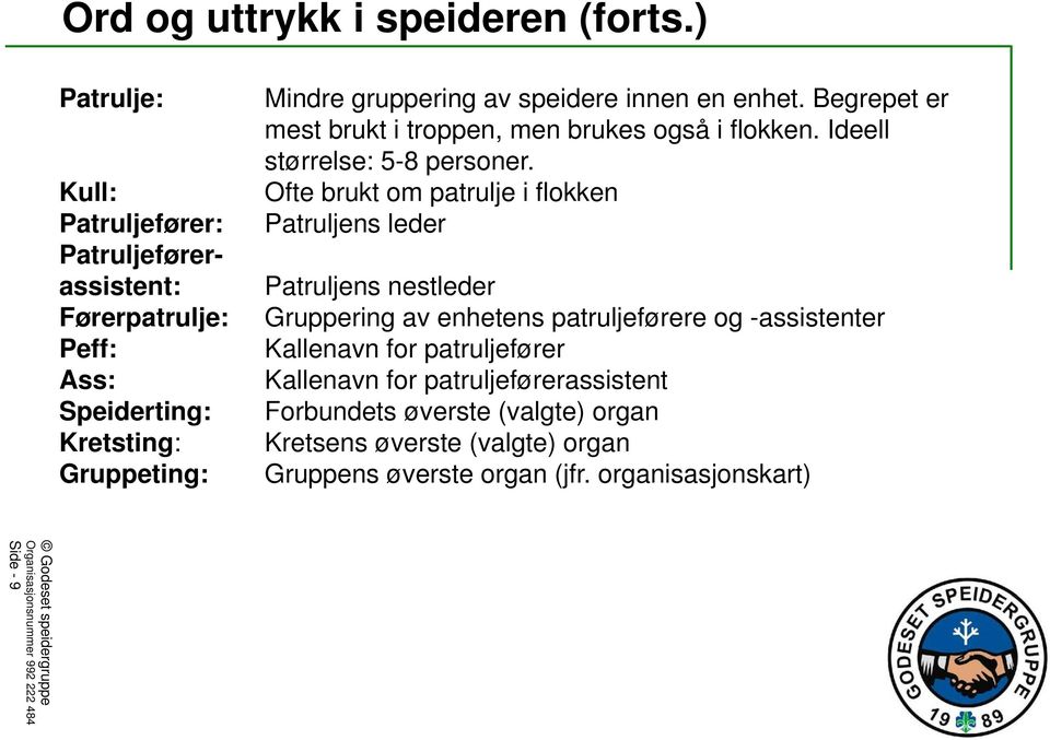 innen en enhet. Begrepet er mest brukt i troppen, men brukes også i flokken. Ideell størrelse: 5-8 personer.