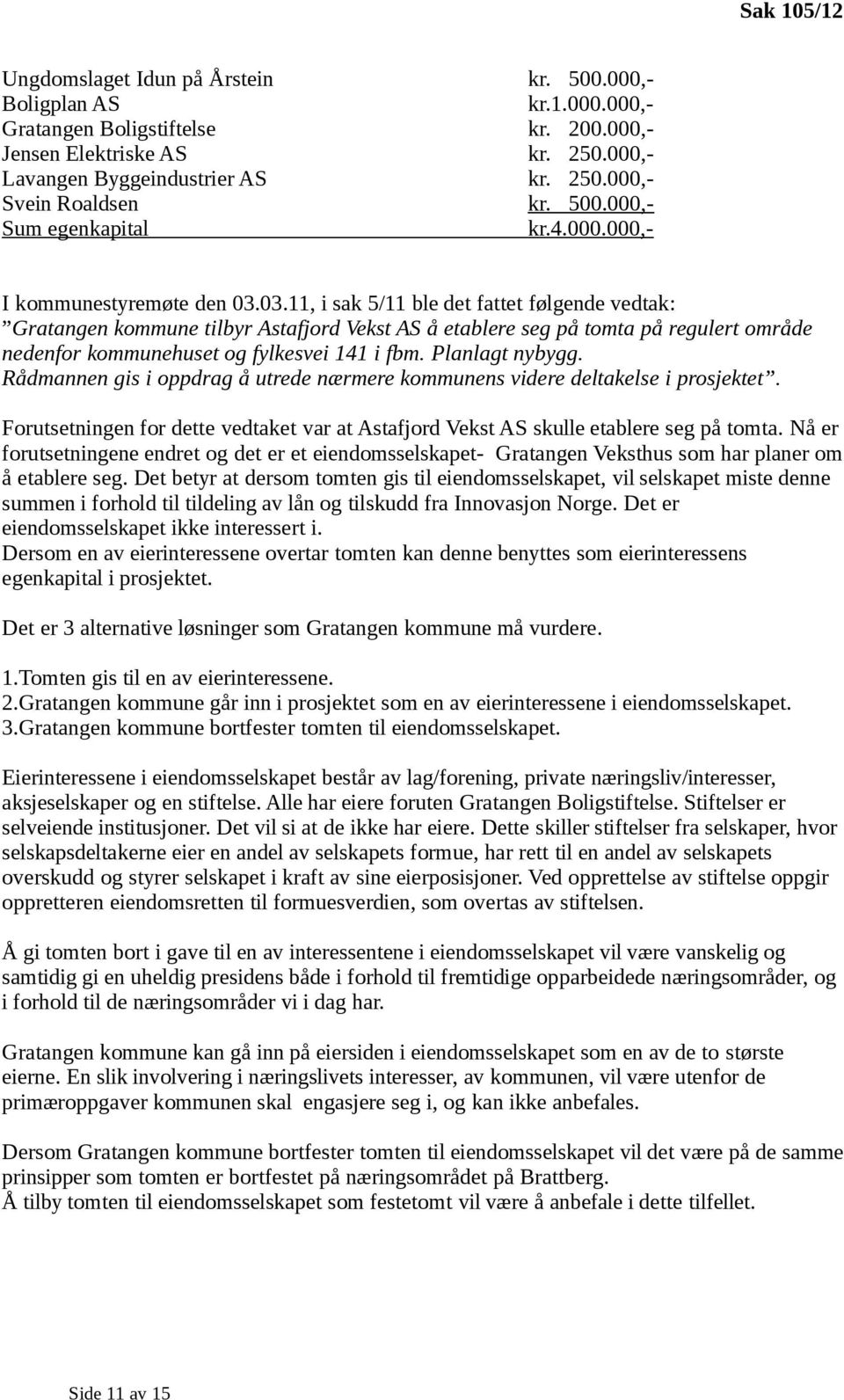 03.11, i sak 5/11 ble det fattet følgende vedtak: Gratangen kommune tilbyr Astafjord Vekst AS å etablere seg på tomta på regulert område nedenfor kommunehuset og fylkesvei 141 i fbm. Planlagt nybygg.