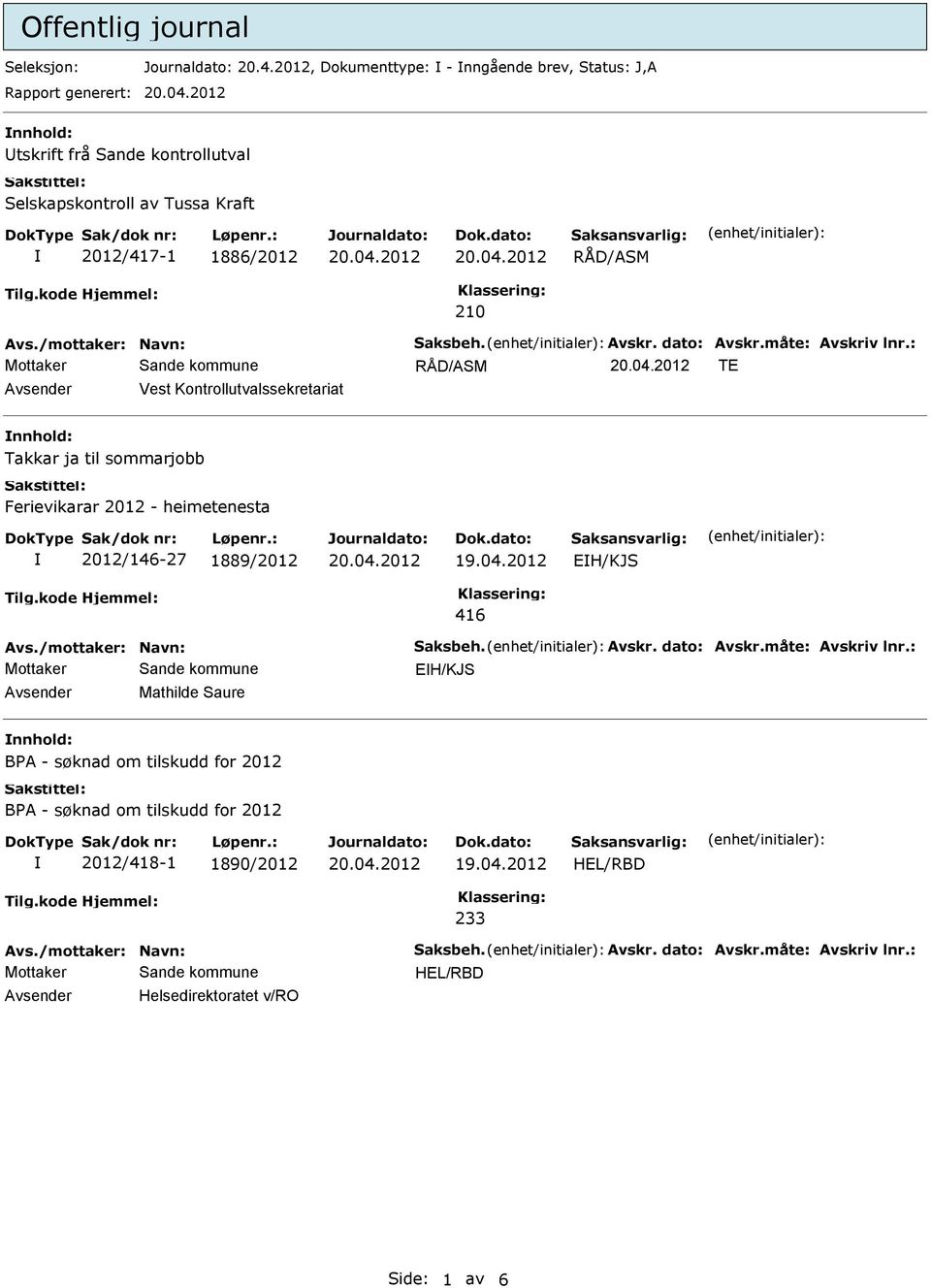 Avskr. dato: Avskr.måte: Avskriv lnr.: TE Avsender Vest Kontrollutvalssekretariat nnhold: Takkar ja til sommarjobb 2012/146-27 1889/2012 EH/KJS Avs./mottaker: Navn: Saksbeh.