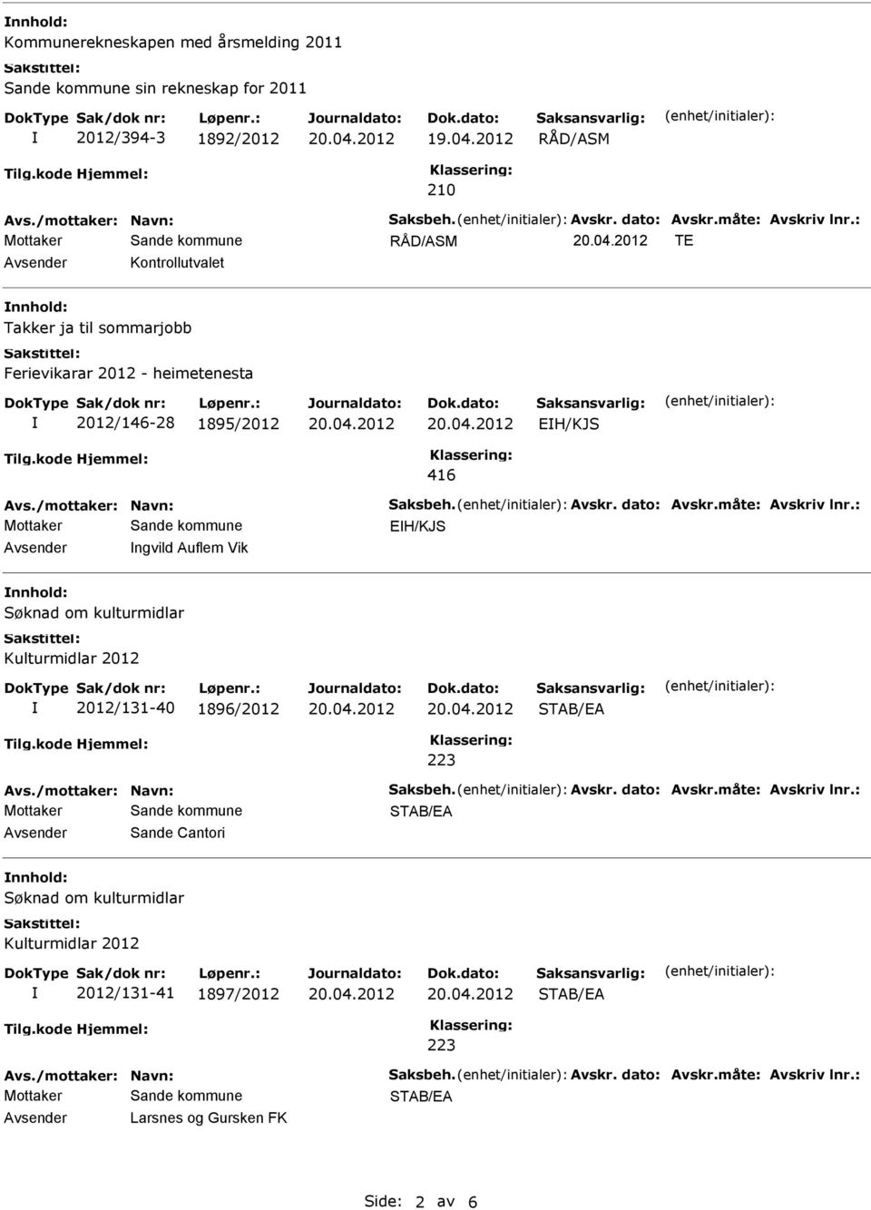 : EH/KJS Avsender ngvild Auflem Vik nnhold: Søknad om kulturmidlar Kulturmidlar 2012 2012/131-40 1896/2012 223 Avs./mottaker: Navn: Saksbeh. Avskr. dato: Avskr.måte: Avskriv lnr.