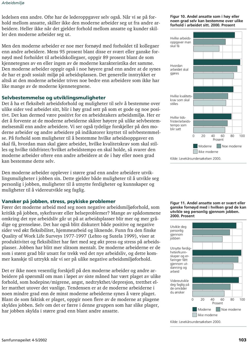 Mens 95 prosent blant disse er svært eller ganske fornøyd med forholdet til arbeidskollegaer, oppgir 89 prosent blant de som kjennetegnes av en eller ingen av de moderne karakteristika det samme.