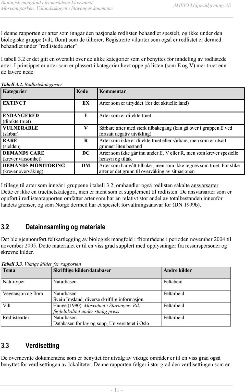 I prinsippet er arter som er plassert i kategorier høyt oppe på listen (som E og V) mer truet enn de lavere nede. Tabell 3.2.