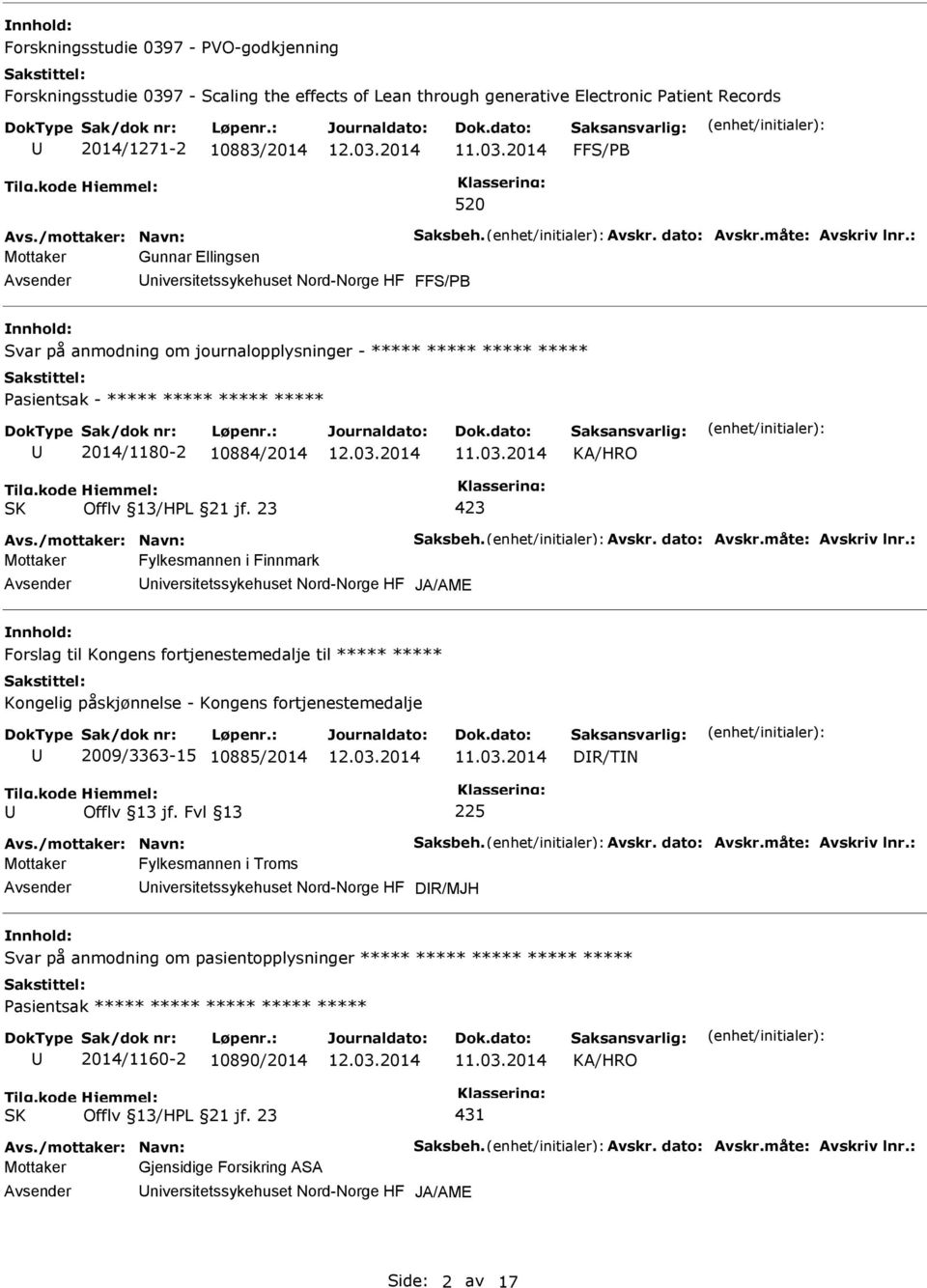 : Mottaker Gunnar Ellingsen niversitetssykehuset Nord-Norge HF FFS/PB Svar på anmodning om journalopplysninger - ***** ***** ***** ***** ***** 2014/1180-2 10884/2014 Avs.