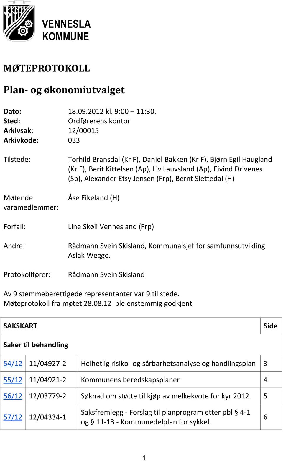 Berit Kittelsen (Ap), Liv Lauvsland (Ap), Eivind Drivenes (Sp), Alexander Etsy Jensen (Frp), Bernt Slettedal (H) Åse Eikeland (H) Line Skøii Vennesland (Frp) Rådmann Svein Skisland, Kommunalsjef for