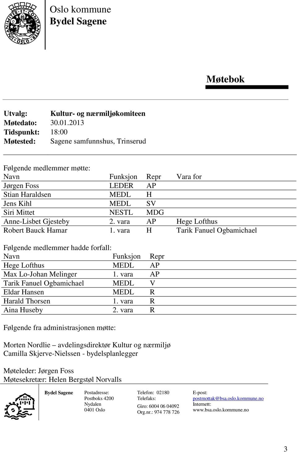 Anne-Lisbet Gjesteby 2. vara AP Hege Lofthus Robert Bauck Hamar 1. vara H Tarik Fanuel Ogbamichael Følgende medlemmer hadde forfall: Navn Funksjon Repr Hege Lofthus MEDL AP Max Lo-Johan Melinger 1.