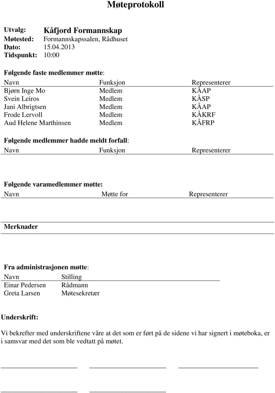 Medlem KÅKRF Aud Helene Marthinsen Medlem KÅFRP Følgende medlemmer hadde meldt forfall: Navn Funksjon Representerer Følgende varamedlemmer møtte: Navn Møtte for Representerer