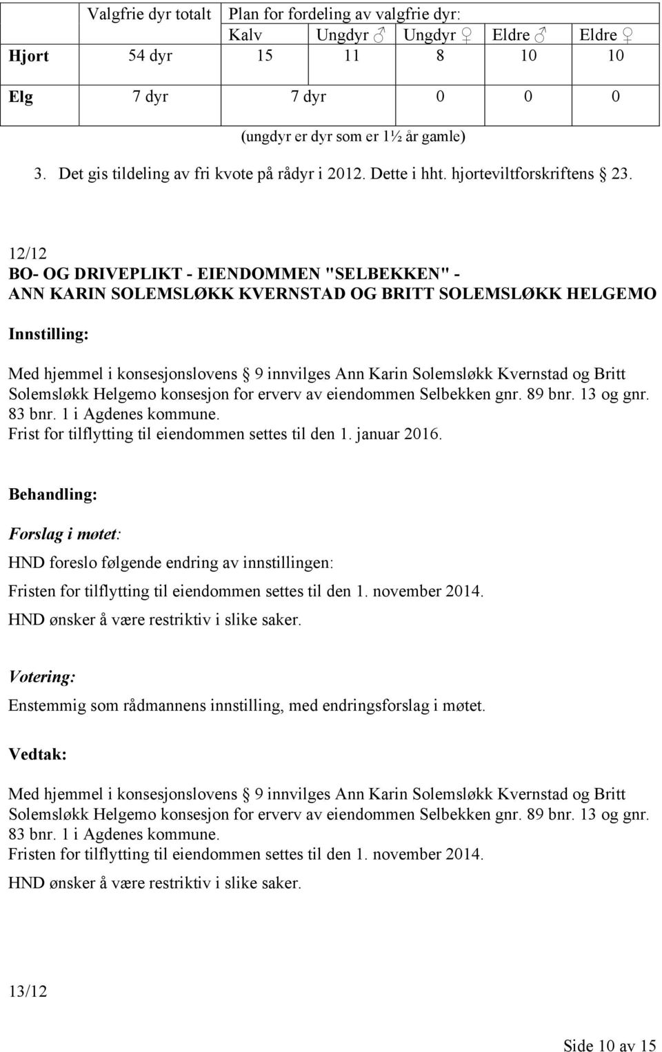 1 i Agdenes kommune. Frist for tilflytting til eiendommen settes til den 1. januar 2016. HND foreslo følgende endring av innstillingen: Fristen for tilflytting til eiendommen settes til den 1.