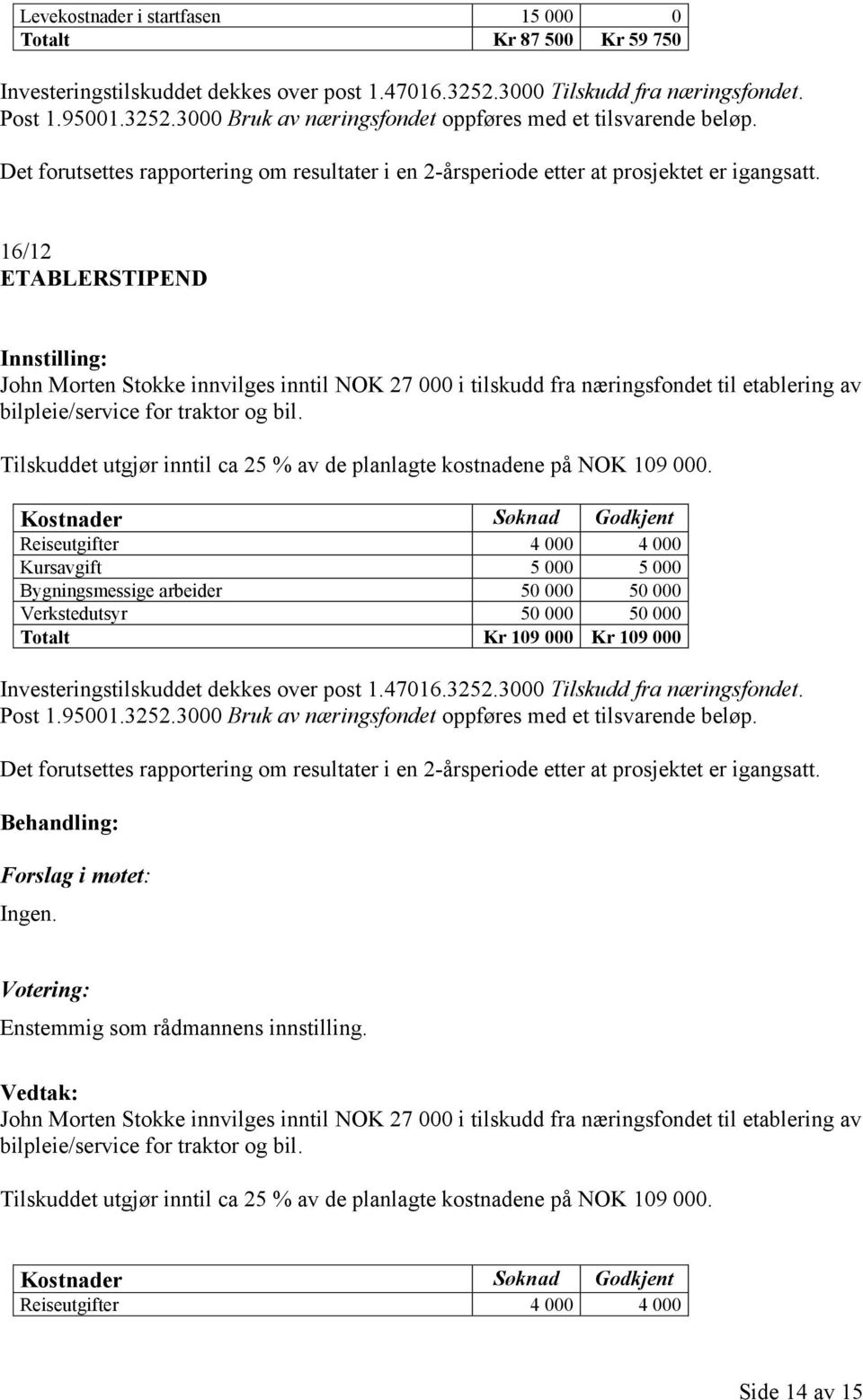 16/12 ETABLERSTIPEND John Morten Stokke innvilges inntil NOK 27 000 i tilskudd fra næringsfondet til etablering av bilpleie/service for traktor og bil.