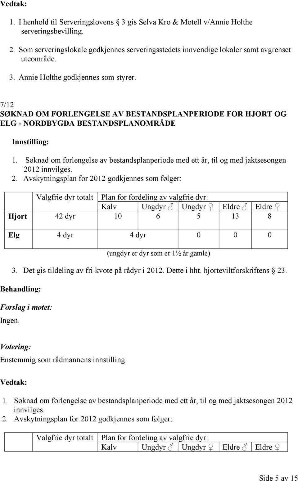 7/12 SØKNAD OM FORLENGELSE AV BESTANDSPLANPERIODE FOR HJORT OG ELG - NORDBYGDA BESTANDSPLANOMRÅDE 1.