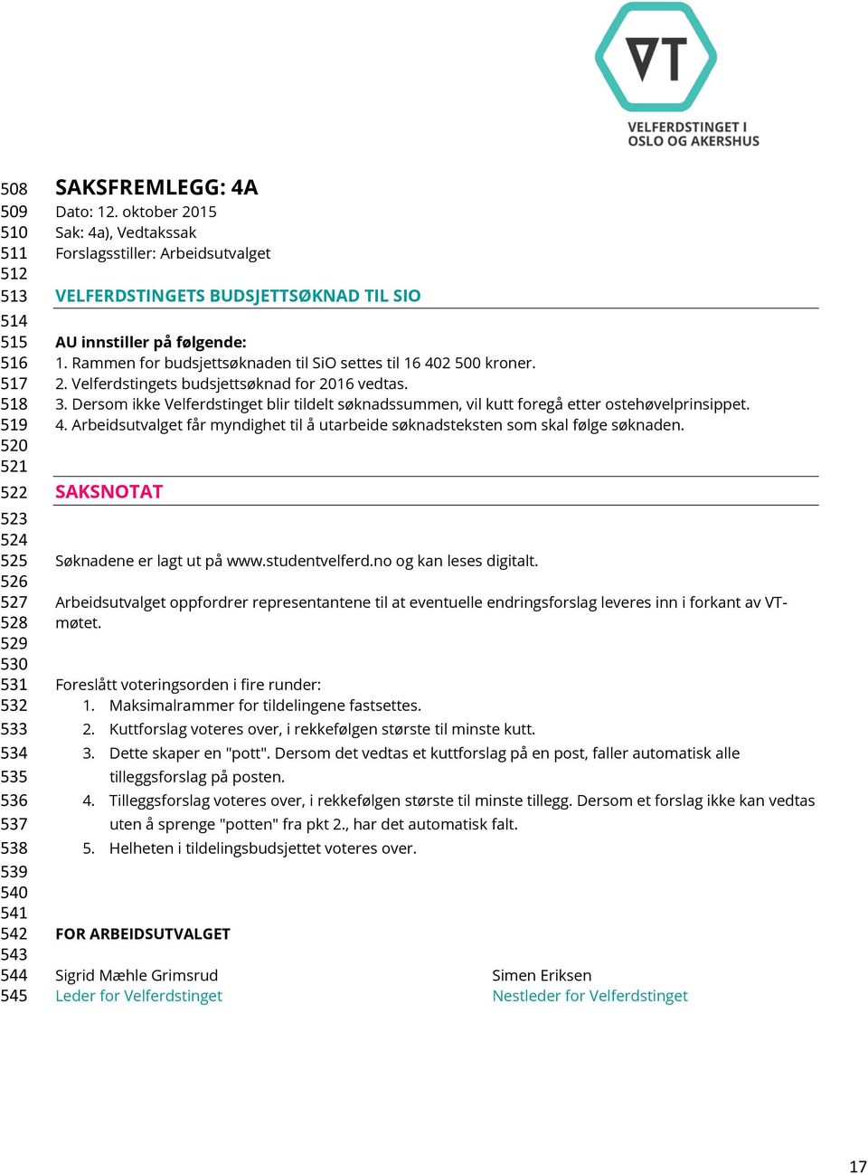 Rammen for budsjettsøknaden til SiO settes til 16 402 500 kroner. 2. Velferdstingets budsjettsøknad for 2016 vedtas. 3.