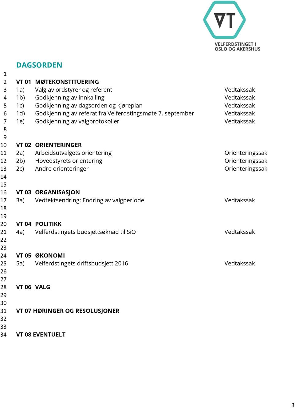 september Vedtakssak 1e) Godkjenning av valgprotokoller Vedtakssak VT 02 ORIENTERINGER 2a) Arbeidsutvalgets orientering Orienteringssak 2b) Hovedstyrets orientering Orienteringssak 2c) Andre