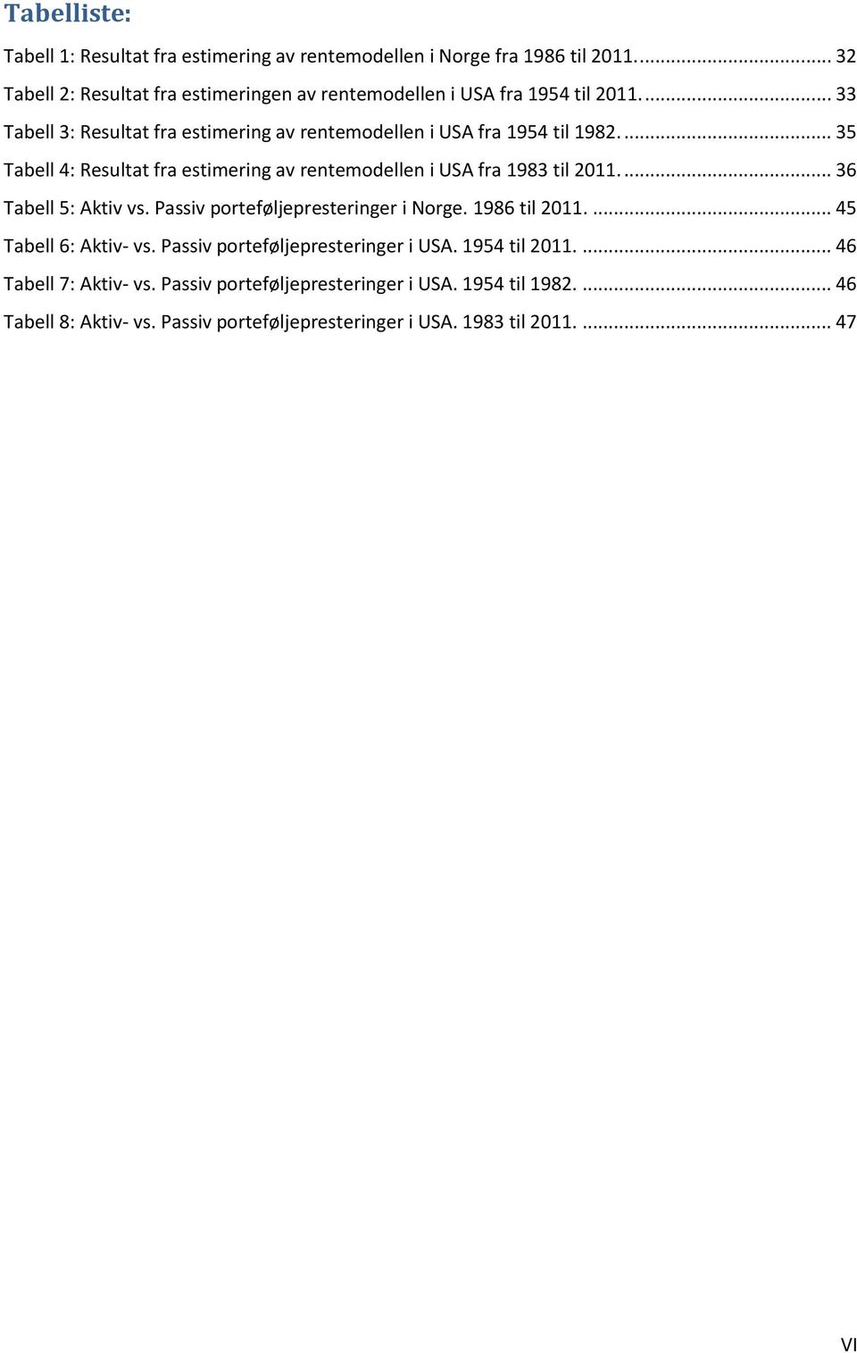 ... 35 Tabell 4: Resultat fra estimering av rentemodellen i USA fra 1983 til 2011.... 36 Tabell 5: Aktiv vs. Passiv porteføljepresteringer i Norge. 1986 til 2011.