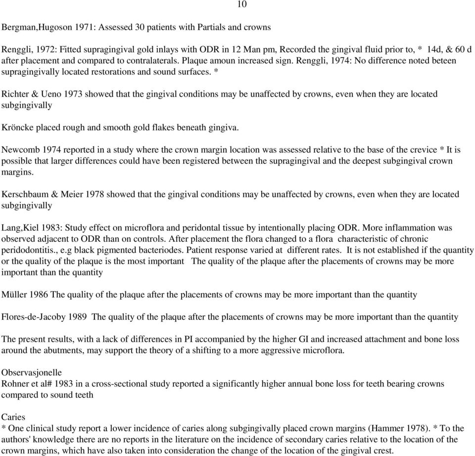 * Richter & Ueno 1973 showed that the gingival conditions may be unaffected by crowns, even when they are located subgingivally Kröncke placed rough and smooth gold flakes beneath gingiva.