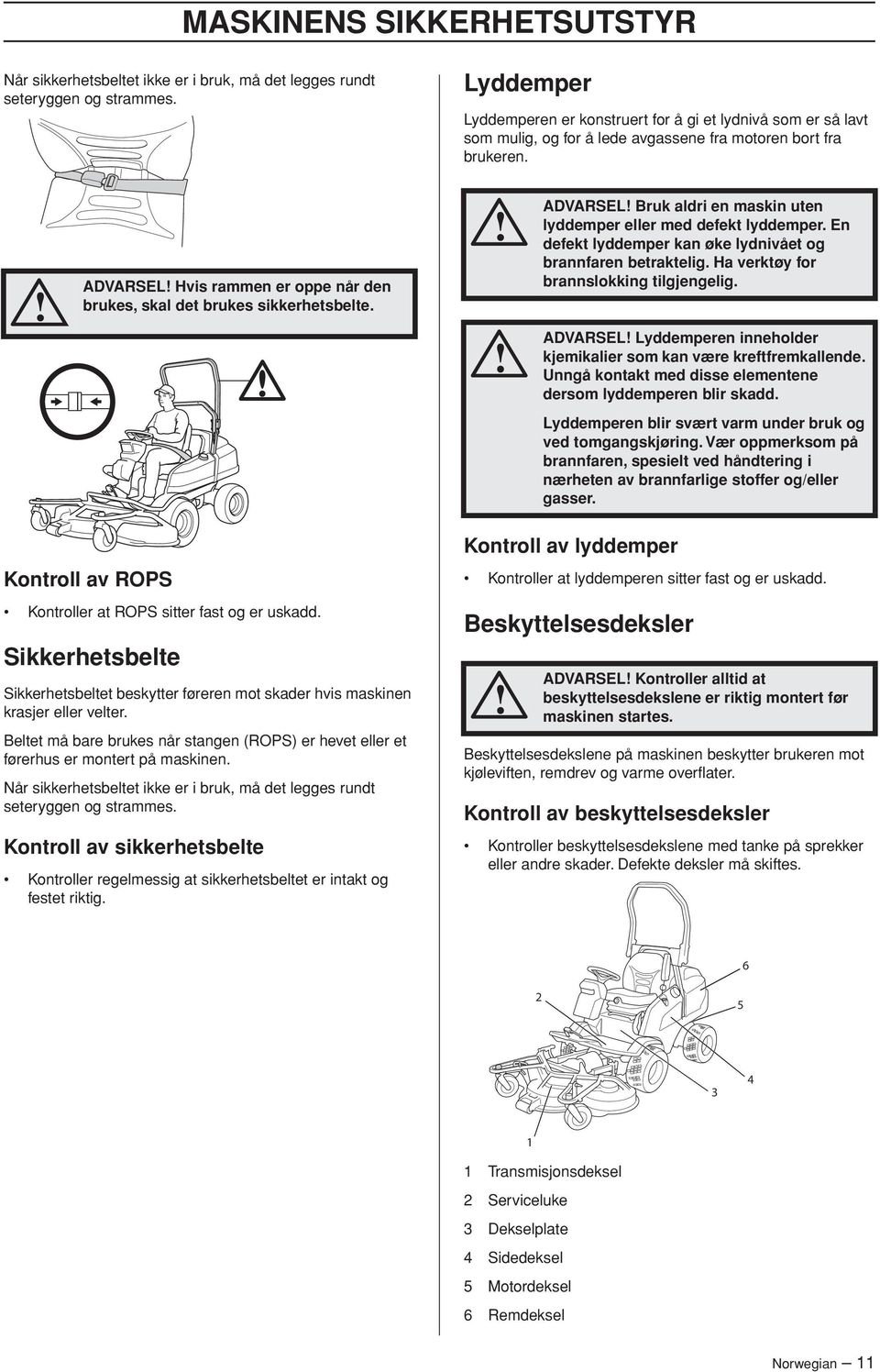 ADVARSEL Hvis rammen er oppe når den brukes, skal det brukes sikkerhetsbelte. ADVARSEL Bruk aldri en maskin uten lyddemper eller med defekt lyddemper.