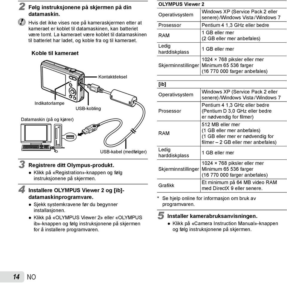 Koble til kameraet Indikatorlampe Datamaskin (på og kjører) USB-kobling Kontaktdeksel USB-kabel (medfølger) 3 Registrere ditt Olympus-produkt.