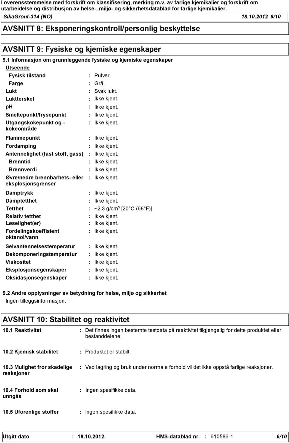 Antennelighet (fast stoff, gass) Brenntid Brennverdi Øvre/nedre brennbarhets eller eksplosjonsgrenser Damptrykk Damptetthet Tetthet Relativ tetthet Løselighet(er) Fordelingskoeffisient oktanol/vann